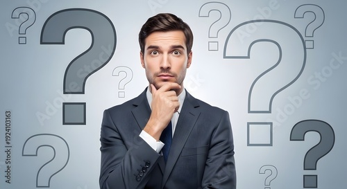 Focused Businessman Surrounded by Question Marks – Strategic Thinking, Uncertainty and Decision-Making Concept