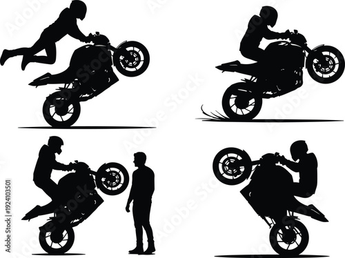 Black silhouettes of motorcyclist performing dynamic stunts and wheelies, extreme sports artwork showing motion, balance, interaction, and freestyle riding