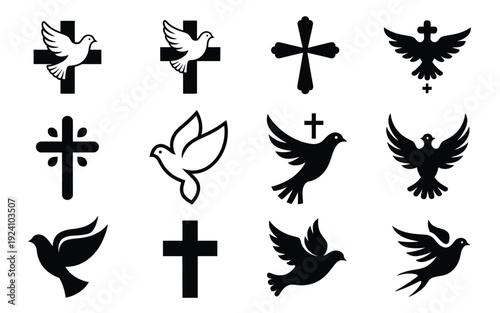 Collection of black and white dove and cross symbols arranged in grid pattern on white background perfect for religious themes