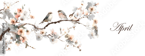 Three small birds perching on a flowering branch with pastel cherry blossoms, creating a tranquil spring scene with the word april, rendered in a soft watercolor style
