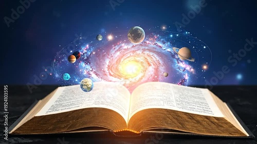 An open book with planets and a emerging, symbolizing knowledge and the universe.
