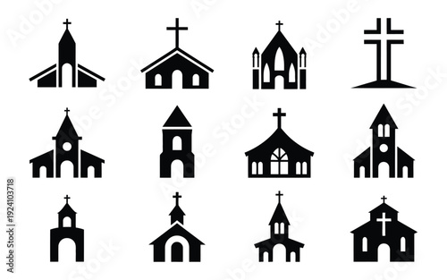 Collection of black church icons with crosses on white background various architectural styles and silhouettes