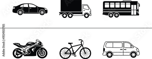 Transport Silhouette Vector Collection Featuring Car, Delivery Truck, Bus, Sport Motorcycle, Bicycle and Passenger Van Design