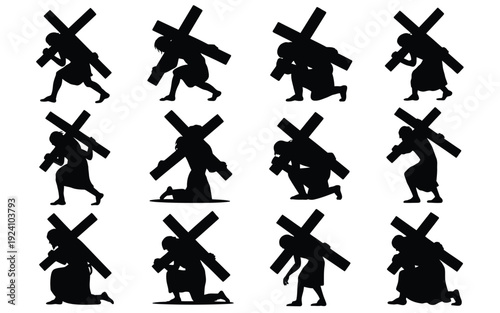 Collection of silhouetted figures carrying crosses in various poses and movements against a white background depicting struggle and perseverance