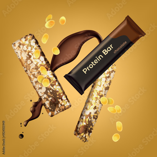 Chocolate protein bar with grains and chocolate splash. Energy snack vector realistic illustration