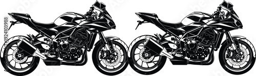 Sport Motorcycles Silhouette Vector Illustration, Twin Superbike Side View High Performance Racing Motorbike Black and White Design