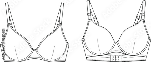 WebWomen's underwire bra vector fashion sketch showing front and back views, technical flat drawing for lingerie design and apparel manufacturing.
