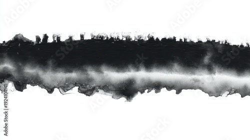 Black india ink bleeding edge, horizontal line of ink soaking into wet paper, monochromatic abstract texture
