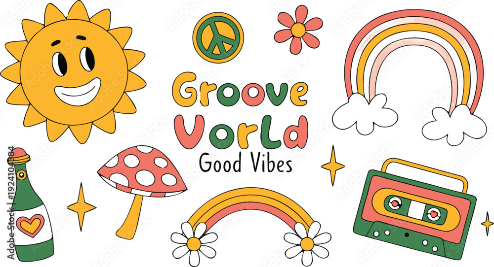 Fototapeta premium Set of vintage groovy characters and elements for poster of sticker design. playful cartoon expressions, thick stroke lines, sticker-style isolated elements, retro poster composition, high detail, 