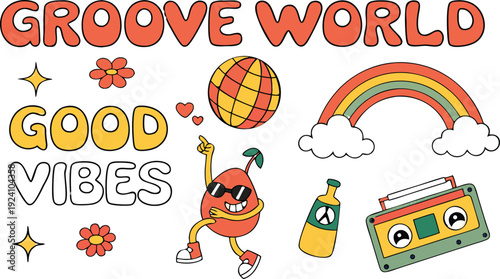 Set of vintage groovy characters and elements for poster of sticker design. playful cartoon expressions, thick stroke lines, sticker-style isolated elements, retro poster composition, high detail, 