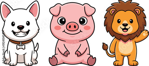 Canvas Print Cute Farm and Wild Animals Cartoon Set with Dog Pig and Lion Vector Illustration