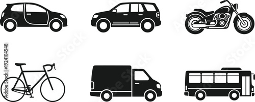 Various Transport Vehicles Silhouette Vector Illustration Set, Car, SUV, Motorcycle, Bicycle, Van and Bus Collection Design