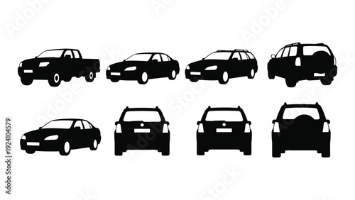 A collection of eight different car silhouettes isolated on white background, Vector