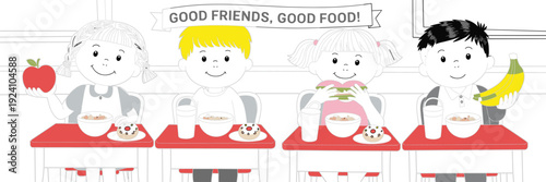 Colorful vector illustration of diverse happy school children eating healthy lunch with fruits and snacks for education childhood nutrition and cafeteria branding design