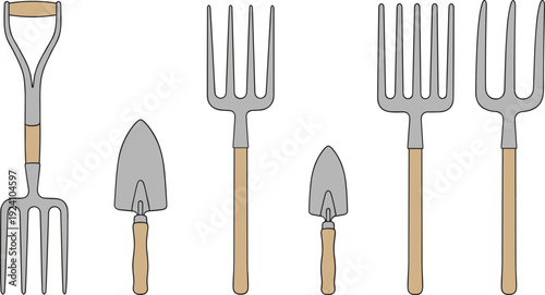 Garden Tools Collection Vector Illustration Set with Pitchfork Shovel and Hand Trowel Isolated on White Background for Farming and Gardening Design