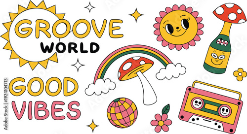 Set of vintage groovy characters and elements for poster of sticker design. playful cartoon expressions, thick stroke lines, sticker-style isolated elements, retro poster composition, high detail, 