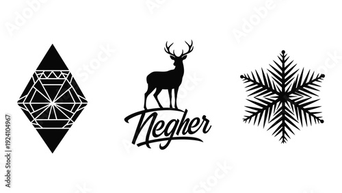 Black and white illustration with deer and snowflake isolated on white background, Vector