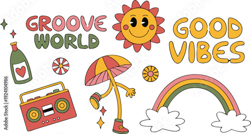 Set of vintage groovy characters and elements for poster of sticker design. playful cartoon expressions, thick stroke lines, sticker-style isolated elements, retro poster composition, high detail, 