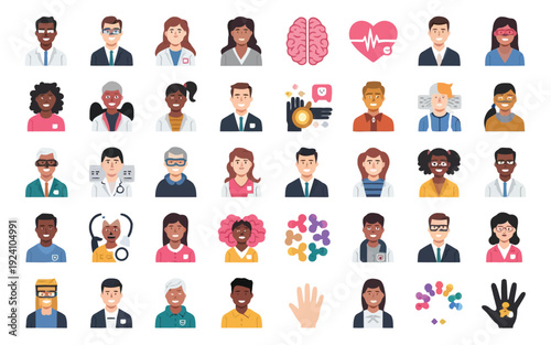 Diverse collection of emoji-style icons representing various professions and emotions