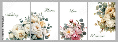 Elegant wedding and romance greeting cards featuring watercolor peonies, roses and eucalyptus in soft pinks, creams and whites  botanical frames and borders for special occasions