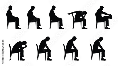 A series of silhouettes showing different sitting positions isolated on white background, Vector