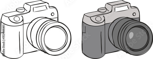 Digital SLR Camera Hand Drawn Illustration, Perspective View Line Art and Grayscale Photo Icons