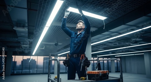 Expert Technician Performing Electrical Maintenance in Industrial Office Space, Contractor Installing Modern Ceiling Lights with Professional Tool Belt
