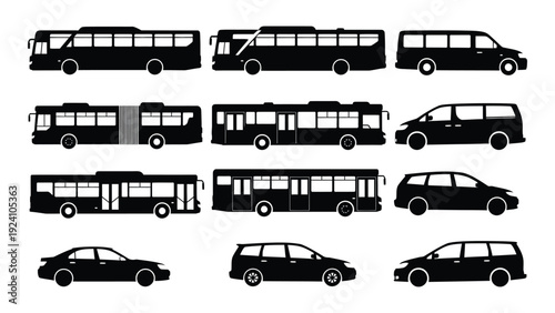 A collection of black silhouette images of different buses and cars isolated on white background, Vector