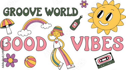 Set of vintage groovy characters and elements for poster of sticker design. playful cartoon expressions, thick stroke lines, sticker-style isolated elements, retro poster composition, high detail, 