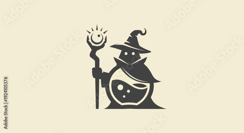 Magician silhouette with magic staff and potion