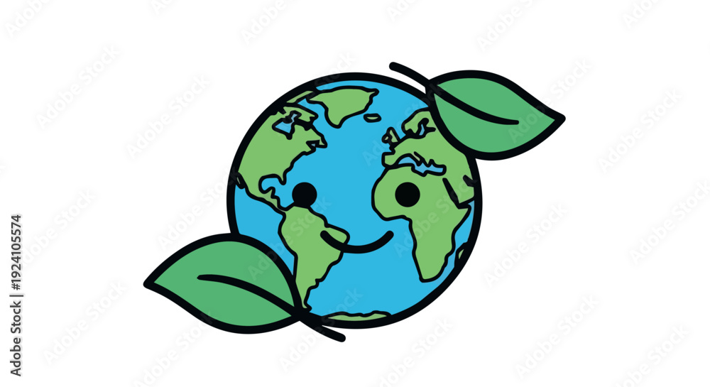 Fototapeta premium Cute earth character with green leaves hugging the planet, representing environmental protection, sustainability, and eco friendly awareness