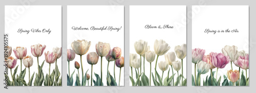 Collection of vertical spring design cards featuring watercolor tulips with various welcoming messages, illustrating blooming flowers for seasonal greetings and celebrations
