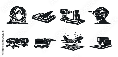 Industrial icons showing scanners and tools on dark background