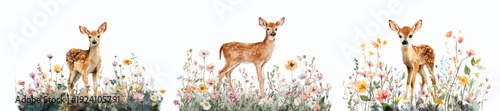 Three watercolor baby deer fawns standing in a pastel wildflowers meadow, capturing the essence of spring, nature, and delicate wildlife illustration