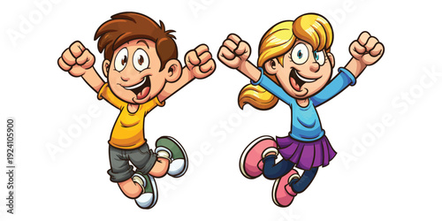 Two children jumping in the air with joyful expressions and energetic movements in a playful animated scene