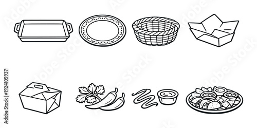 Serving containers and condiments displayed on dark gray background