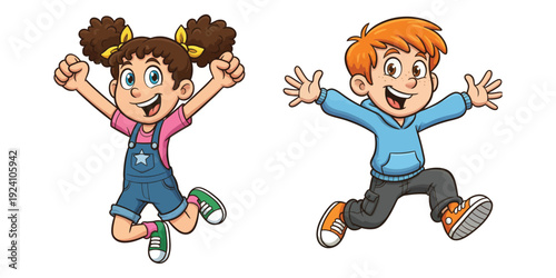 Two cheerful children jumping with joy in a playful moment captured in a lively illustration