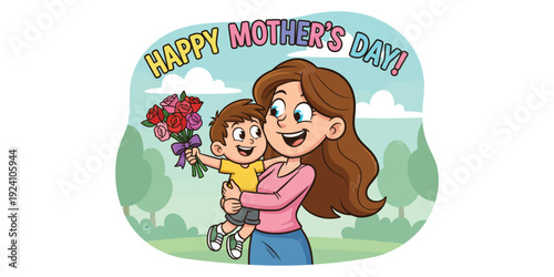 A heartwarming illustration of a mother embracing her child with flowers on Mother's Day outdoors