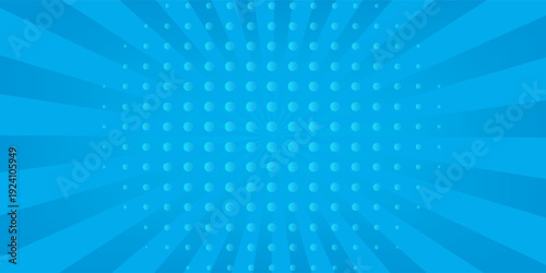 Comic background. Pop art texture. Starburst cartoon style. Anime design with explosion effect for print. Fun dot pattern. Blue backdrop with halftone gradient.