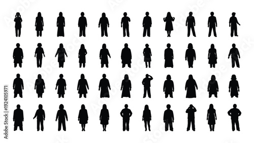 A grid of black silhouettes of people in various poses isolated on white background, Vector