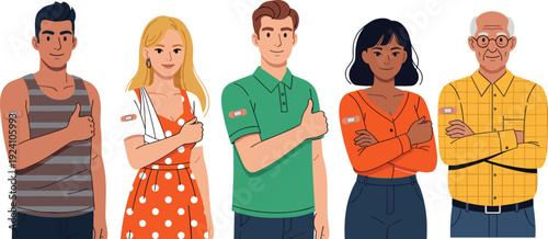 Colorful vector illustration of diverse people showing bandages on their arms after receiving a vaccine for public health immunization medical and community wellness branding