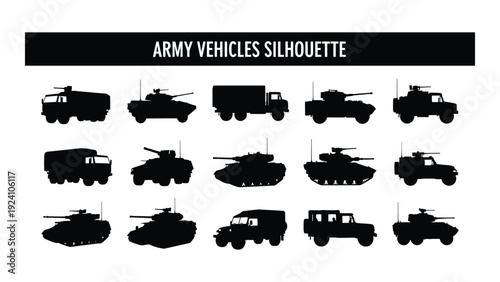 A collection of army vehicle silhouettes isolated on white background, Vector