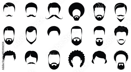 Men’s hairstyles and facial hair silhouettes collection, various male haircut and beard styles, barber and grooming fashion symbols, profile head shapes, clean black vector illustration set.