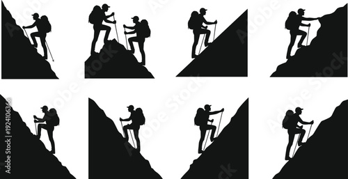 Set of Hiker Silhouettes Featuring Climbers with Backpacks and Hiking Poles on Mountain Slopes in Black-and-White Outdoor Artwork