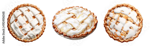 Three freshly baked homemade lattice crust fruit pies, golden brown and topped with a sweet white frosting, isolated on a clean white background, representing delicious dessert