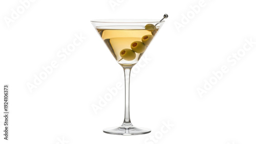 Fotografie Isolated martini with green olives in a clear glass against a plain backdrop clo