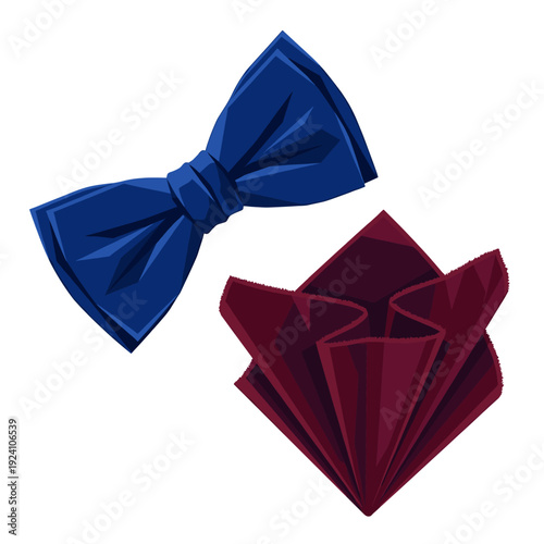 Blue bowtie and burgundy paper fan, folded ribbon shapes, elegant gift accessory set