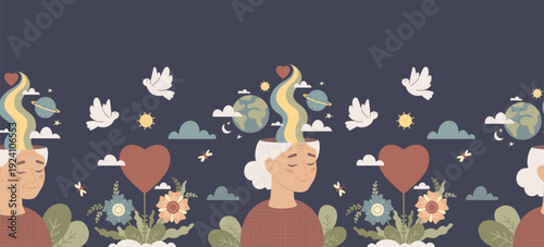 Senior Mental Health Seamless Border. Elderly Woman with Rainbow, Flowers, Heart Planets Space and Dove Birds on Blue Background. Horizontal Vector Illustration. Wellness Web Divider and Tape Design