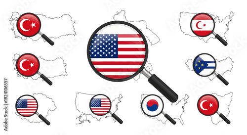 Magnifying glass highlighting the United States flag amidst various international flags.
