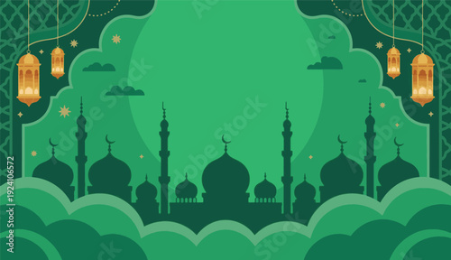 Islamic Ramadan Kareem Background with Green Mosque Silhouette